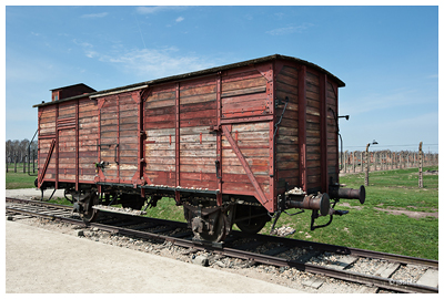Auschwitz II - Birkenau. Exempel på järnvägsvagn som transporterade fångar till lägret.
