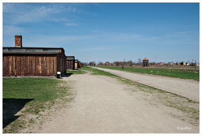 Auschwitz II - Birkenau. Fångbaracker och ett fåtal baracker med toaletter.